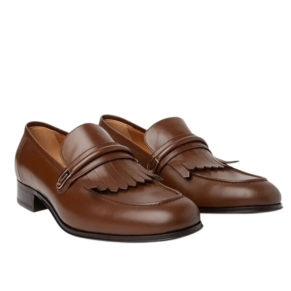 Gucci Men's Mirrored G 8.5/ US 9 Fringed Loafer Brown Italian Leather Shoe NIB